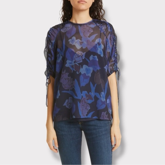 Ted Baker London Nixole Blue Purple Floral Ruched Sleeve Blouse Top- Size 0 - Picture 3 of 9